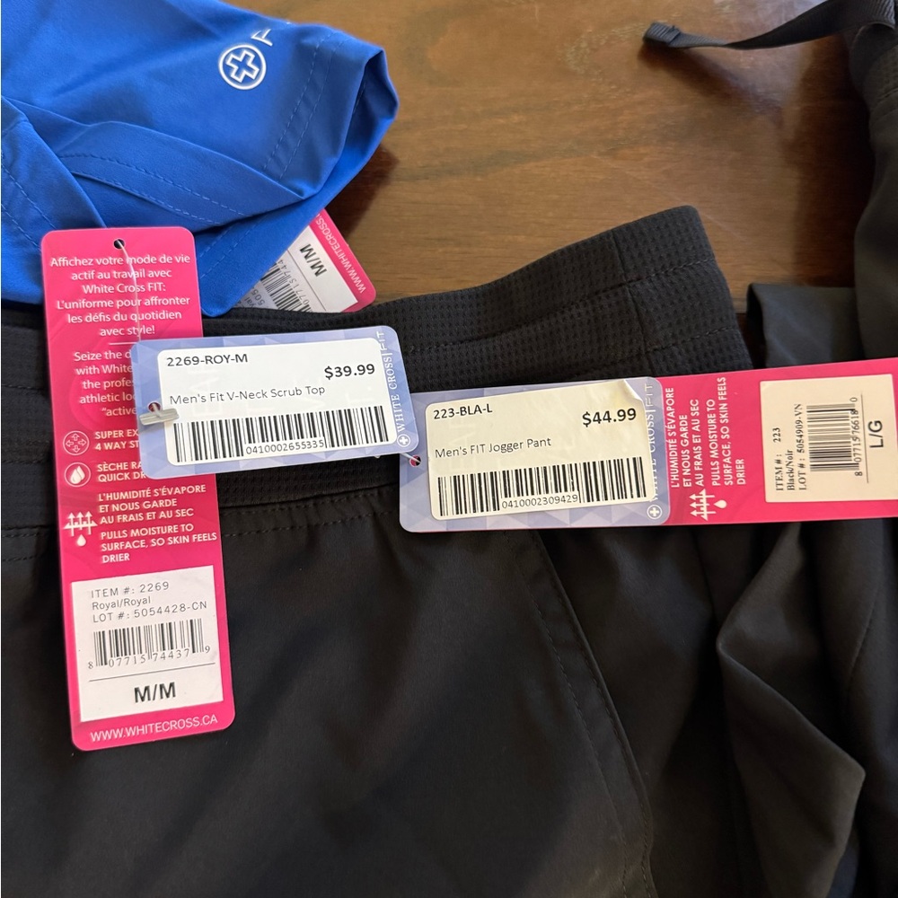 White Cross Black Jogger Pants and Royal Blue Scrub Top